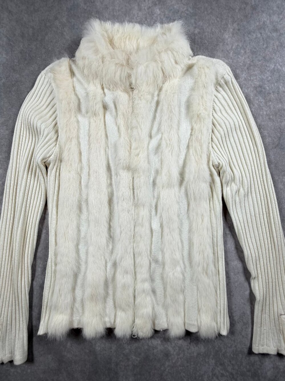 Gaby & Eden Womens Rabbit Fur Trim Zip Sweater Jacket Ivory M